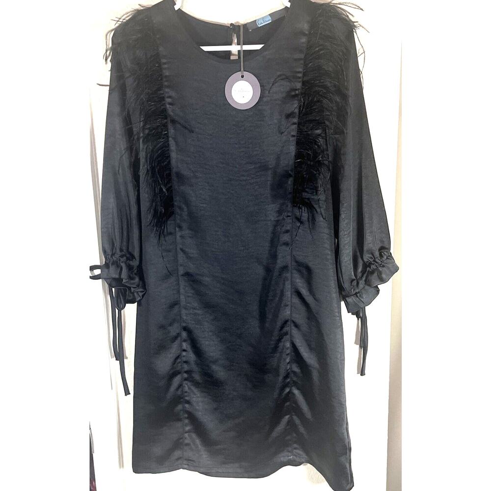 NEW‎ Anthropologie Eva Franco Black Cocktail Dress Sz XS feather fringe Faulkner - Picture 2 of 10